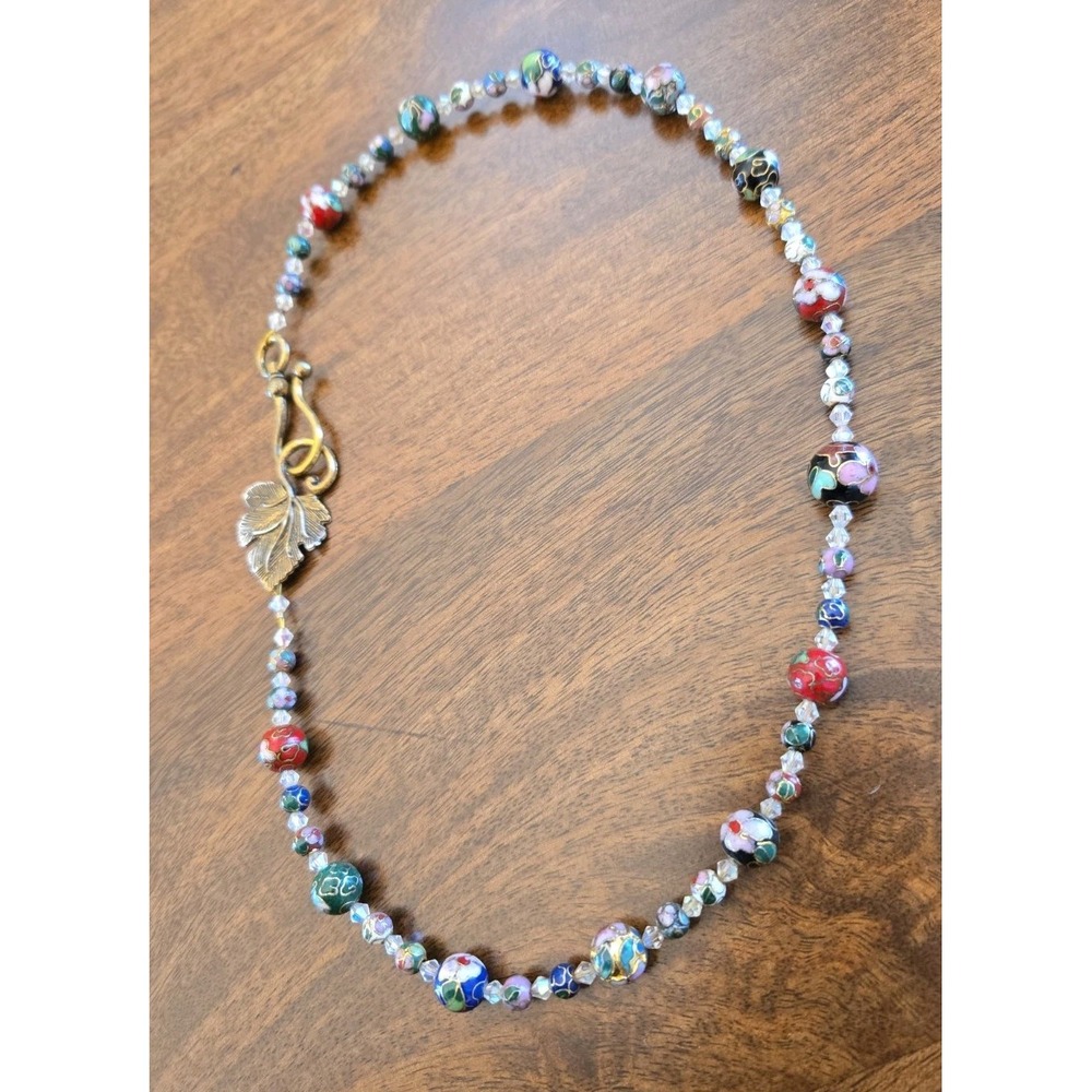 Vintage Cloisonne Beaded Necklace Crystal Accents Leaf & Hook Closure 20"